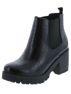 Soda Black Croc-Embossed Chelsea Lug Heel Bootie